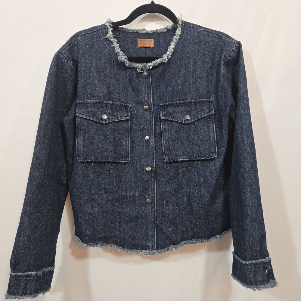 POL Women's Size S Dark Wash Denim Jacket Raw Edge Cropped Collarless Snap